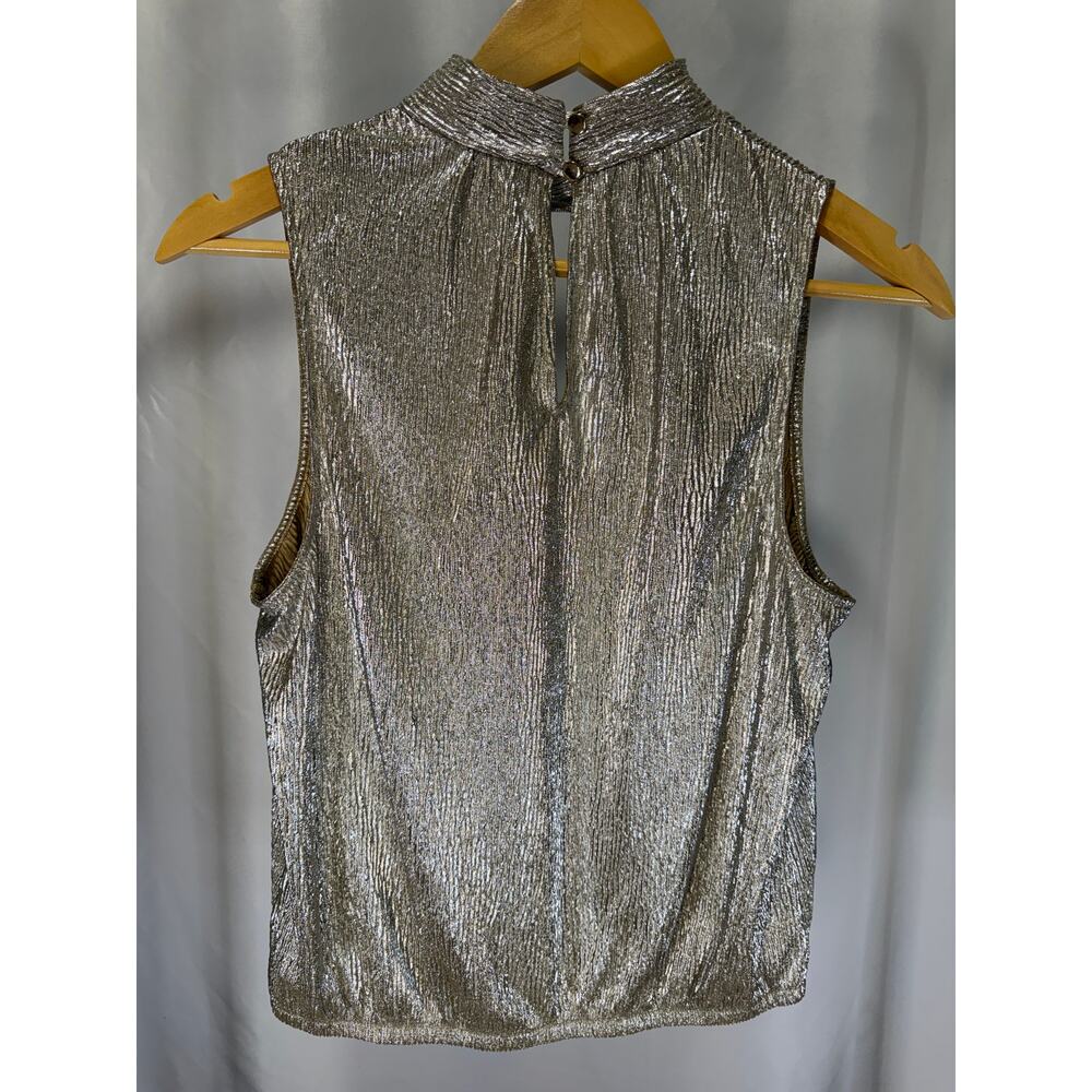 Express Women’s M Metallic Gold Pleated Sleeveless Keyhole Mock Neck Party Top - Picture 5 of 7